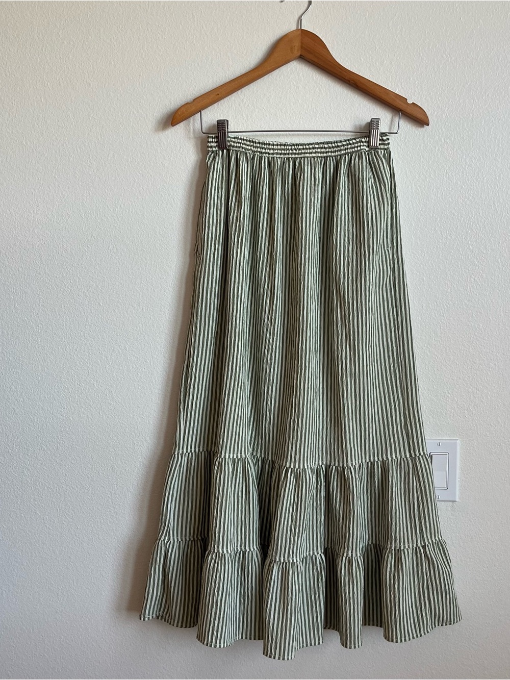 Max Studio Olive & White Striped Tiered Maxi Skirt - Picture 2 of 4